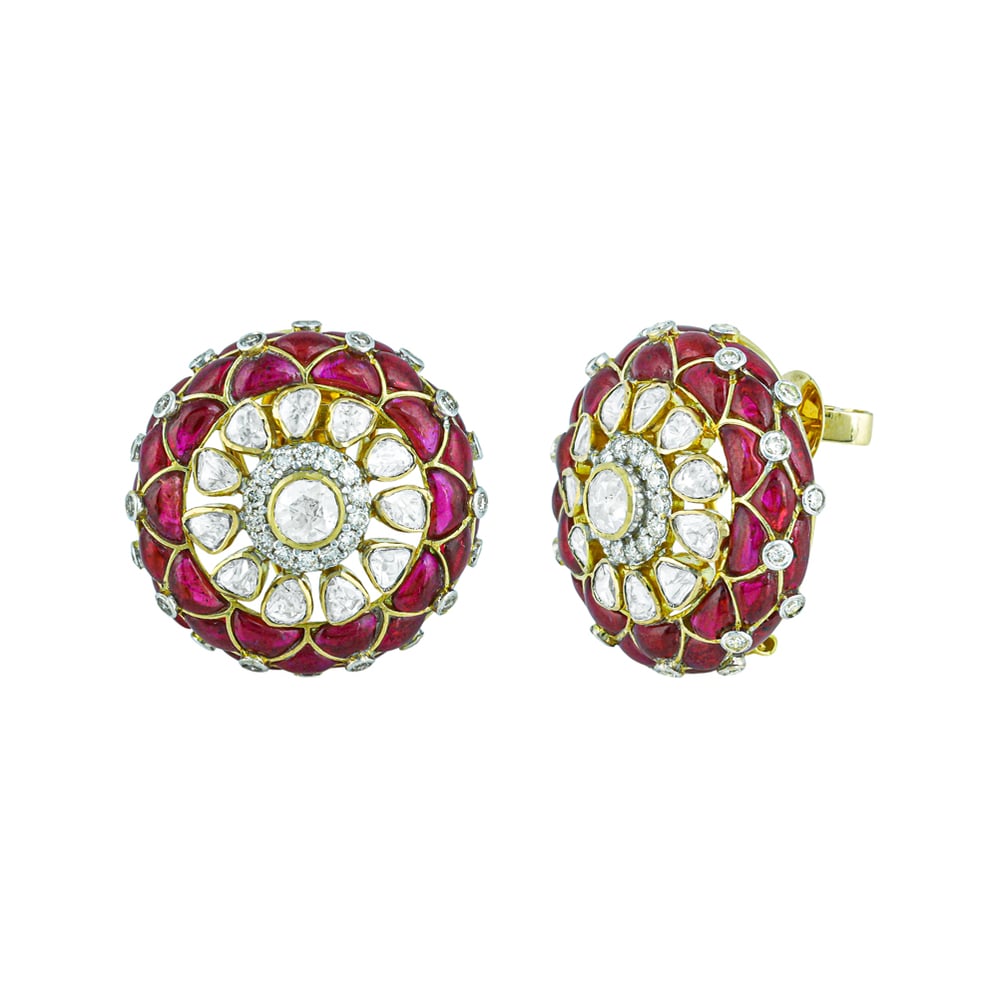 Floral Polki Earrings with Red Gemstone Talaf